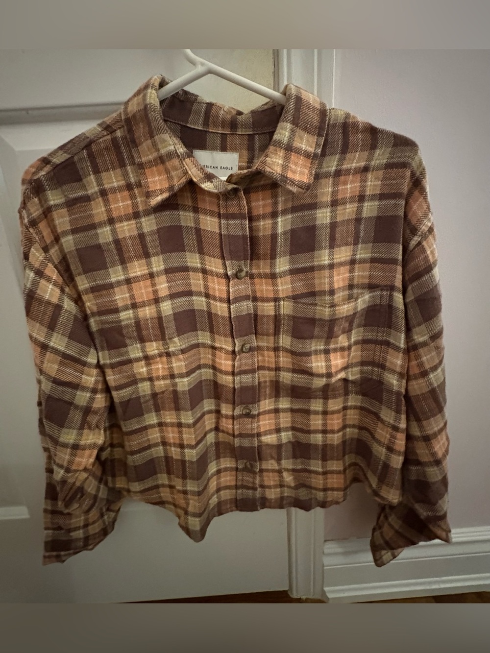 American Eagle Outfitters Brown and Tan Plaid Button-Down Shirt